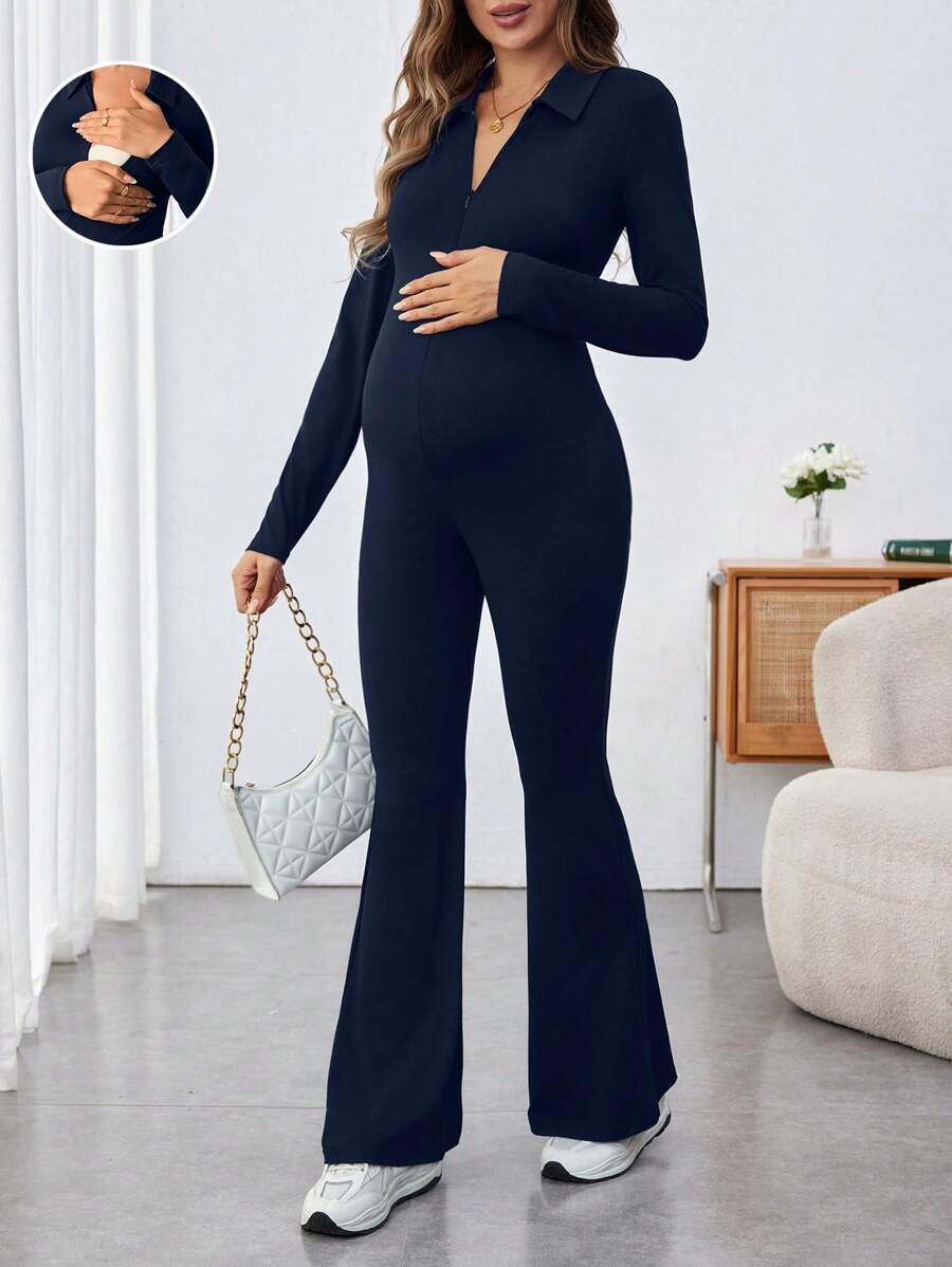 SHEIN Maternity Solid Zip Up V-Neck, Up V-Neck Jumpsuit - Navy Blue - View 1