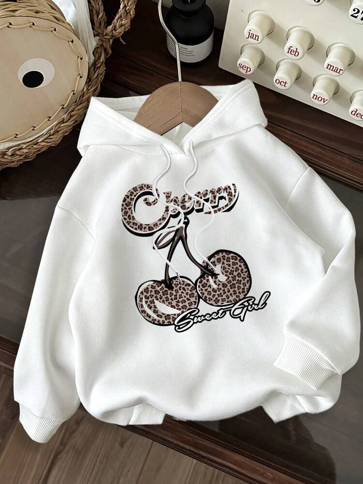 SHEIN EZwear Casual Minimalist Leopard & Cherry Print Hoodie