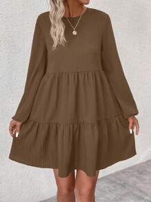 SHEIN LUNE 纯色圆领荷叶边下摆休闲长袖连衣裙 - 棕色 - 查看 3