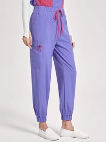 TaskEZ Women's Contrast Color V-Neck Top And Pants Uniform Scrub Set - Purple - View 7