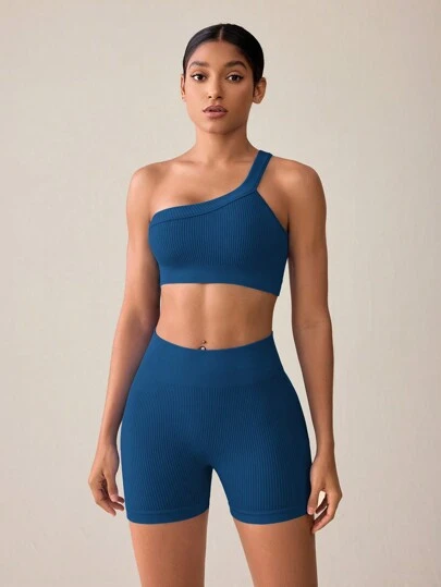Easithlete 纯色单肩短款上衣和短裤无缝运动套装健身女士套装