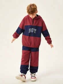 SHEIN 2pcs/Set Tween Boy Casual American Style Splice Fleece Suit - Burgundy - View 1