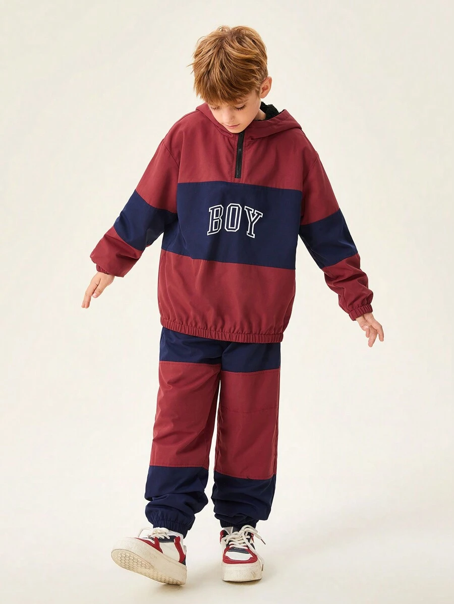 SHEIN 2pcs/Set Tween Boy Casual American Style Splice Fleece Suit - Burgundy - View 1