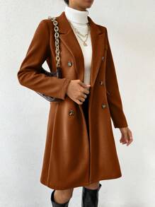 SHEIN PETITE Autumn Outdoor Notched Collar Double-Breasted Overcoat - Mocha Brown - View 4