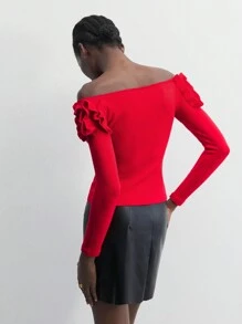 Maija 1 Stück Damen roter einfarbiger Applikations-Off-Shoulder eleganter Strickpullover, gemütlich und romantisch, geeignet für Weihnachten, langärmelige warme Oberseite