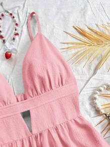 Soleia Robe nuisette à volants sans dos de couleur unie pour femmes, style décontracté et vacances, été - Rose bonbon - Voir 5