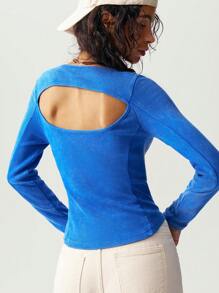 Bohemela Solid Color Round Neck Cutout Back Slim Fit Long Sleeve Casual Knit Tops For Women - Royal Blue - View 3