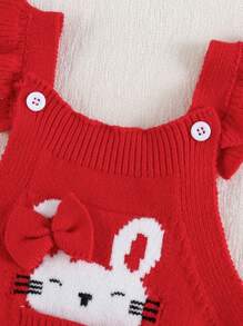 Conjunto de niña bebé para primavera/otoño con pantalón de tirantes de punto con intarsia de dibujos animados, diseño lindo de conejo peludo rosa, mangas con volantes, para Navidad