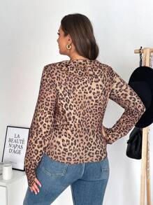SHEIN Frenchy Plus Size Women V-Neck Ruffle Hem Leopard Print Long Sleeve T-Shirt French Casual Romantic - Multicolor - View 2