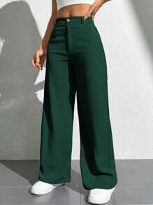 SHEIN PETITE Pantalones casuales de unicolor con bolsillo y botones delanteros para mujeres - Verde Oscuro - Ver 4