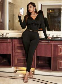 Viva Relle Plus Size Women Cross V-Neck Long Sleeve Solid Color Top And Leggings Casual Suit, Autumn