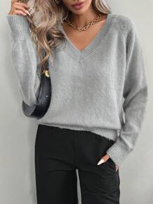 SHEIN LUNE 1pc Women Solid Color V-Neck Casual Pullover Sweater Knit Pullover Fall Winter - Grey - View 3