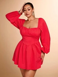 SHEIN BAE Vestido corto de manga larga con detalles de sujetador y silueta A para mujer talla grande, unicolor, estilo de niña dulce en otoño - Rojo - Ver 3