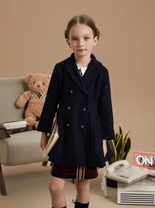 PrepCrw Young Girls' Collegiate Style Black Christmas Weave Fitted Collar Double Breasted Waist A-Line Coat, Autumn/Winter - Blue - View 7