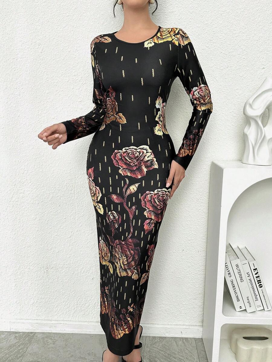 Modelyn Women's Vintage Floral Print Milk Silk Round Neck Long Sleeve Dress Long Evening Dresses Fall Cloth For Women - Multicolor - View 1