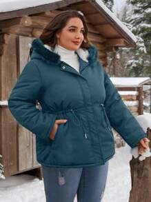 SHEIN Essnce Plus Size Solid Color Front Zipper Long Sleeve Pocket Casual Hooded Coat