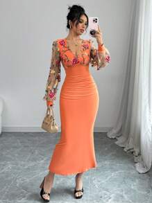 Elenzga 1 chiếc váy dài tay thanh lịch thêu hoa cổ chữ V phối lưới tương phản cho nữ trang phục maxi dành cho nữ - trái cam - Xem 1