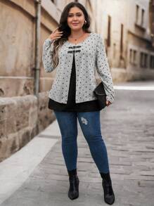 SHEIN LUNE Camiseta casual de manga larga con cuello redondo y botones con estampado de lunares para mujer de talla grande, ropa de otoño para tallas grandes