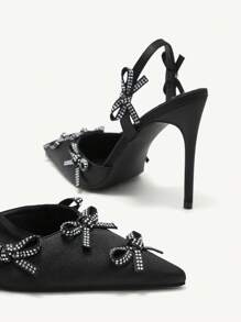 CUCCOO CHICEST Ladies Sharp Toe Stiletto High Heels Black Satin Bow Rhinestone Decorated Pumps For Christmas And New Year Holiday Vibe Fall And Winter