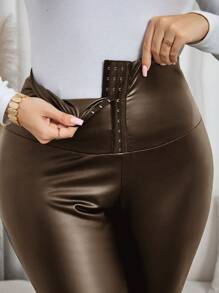 SHEIN Clasi 大码女式纯色 PU 皮革高腰前按扣紧身裤