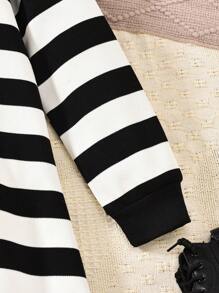 SHEIN Tween 女童彼得潘领长袖黑白条纹 A 字裙 - 黑與白 - 查看 8