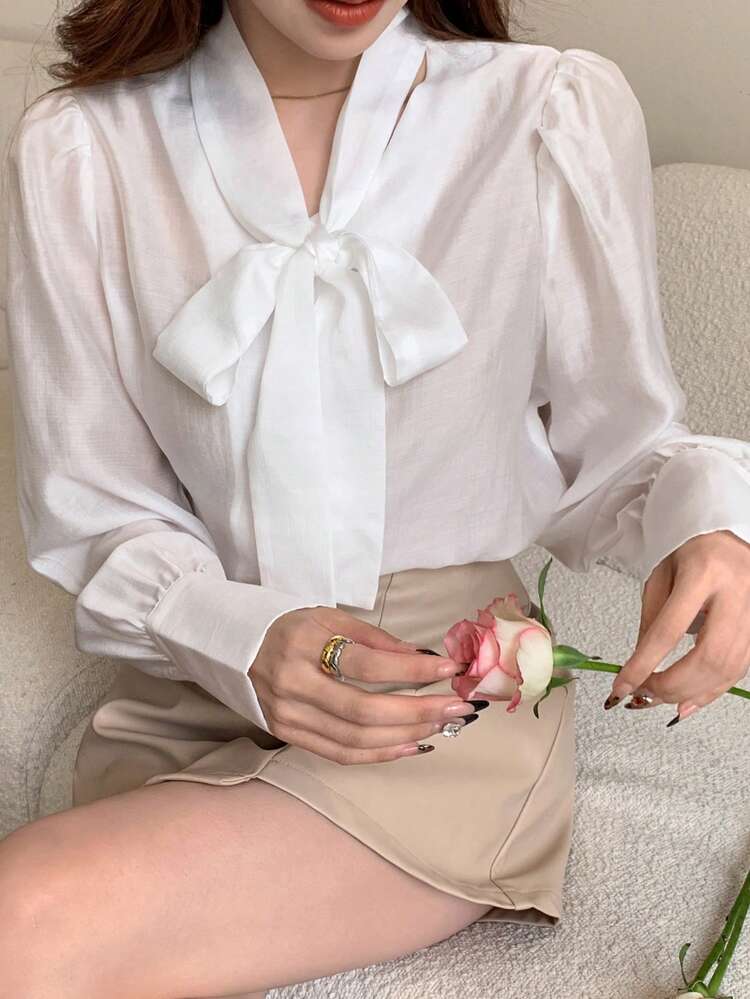 1pc Women Elegant Solid Color Knot Collar Puff Sleeve Blouse, Spring/Summer,Fall Women Clothes Long Sleeve Top