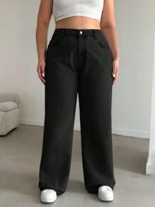 EURMUSE 100%Cotton HIGH RISE STRAIGHT CUT PLUS SZIE WOMEN JEAN - Black - View 1
