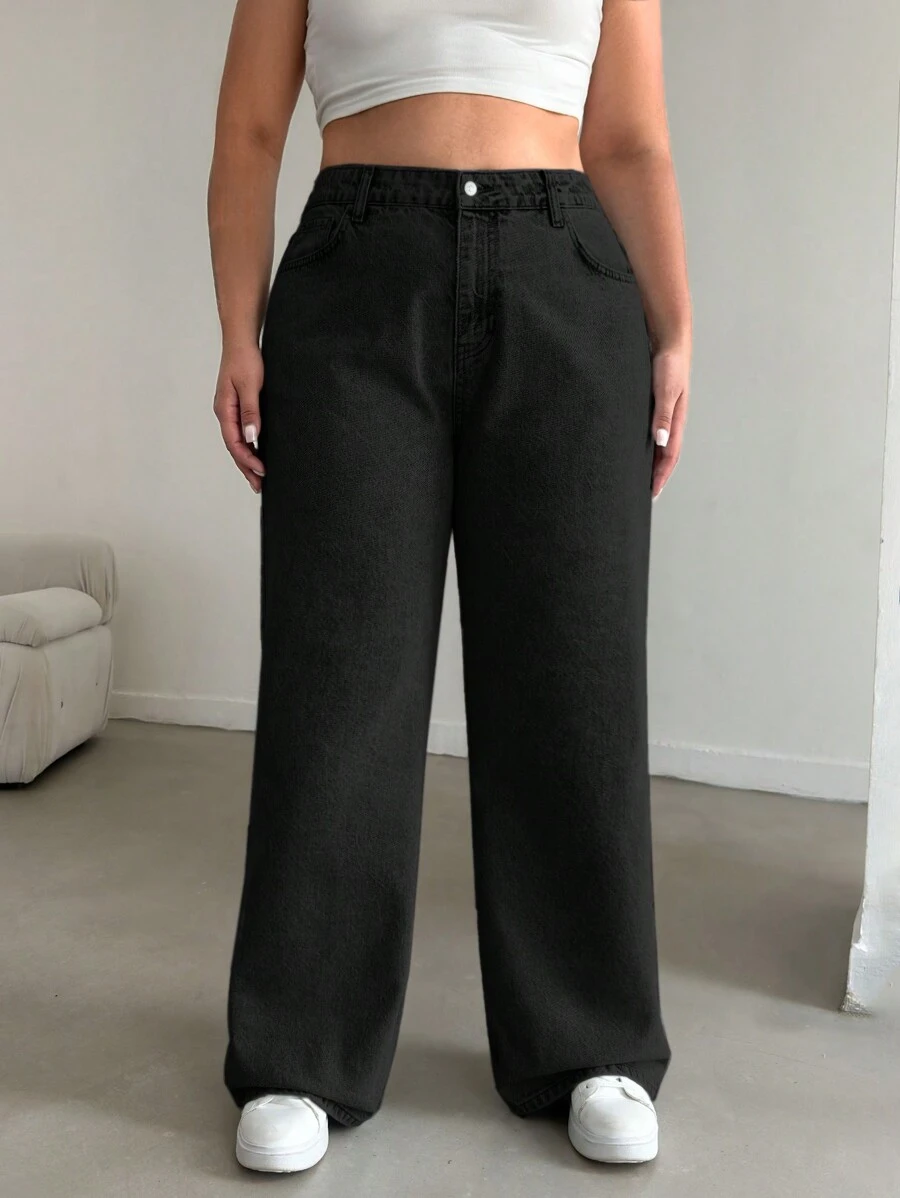 EURMUSE 100%Cotton HIGH RISE STRAIGHT CUT PLUS SZIE WOMEN JEAN - Black - View 1