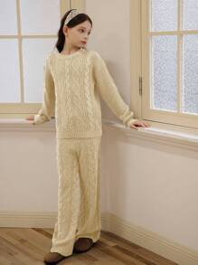 SHEIN 2pcs/Set Tween Girl Fashion Set, Korean Style Cable Knit Sweater + Drape Pants - Apricot - View 7