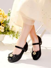Váy dự tiệc thu/đông kết hợp với nơ đen lấp lánh trang trí giày cao gót cho trẻ em - màu đen - Xem 4