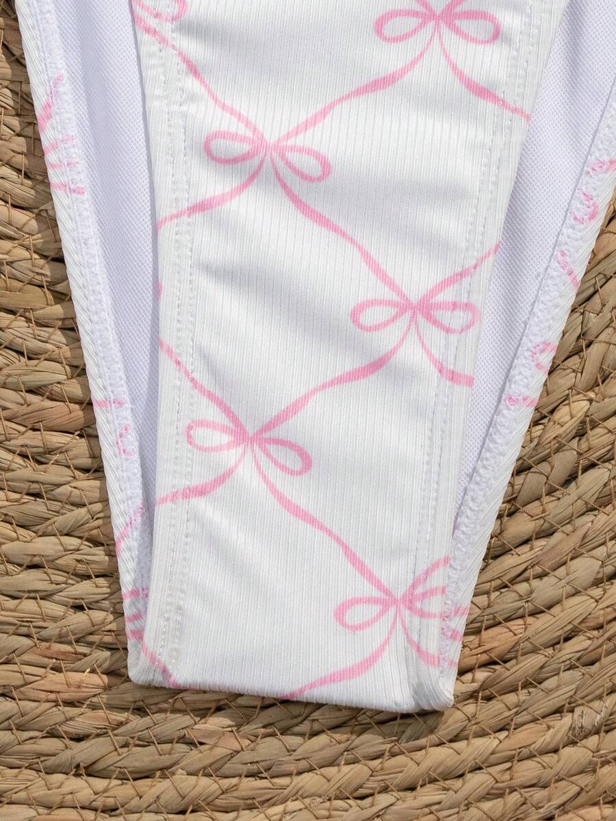 Printed Bowknot Spaghetti Strap Bikini Top And Side Tie Bikini Bottom