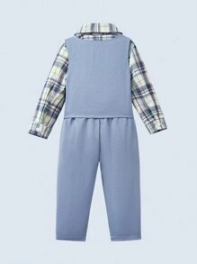 SHEIN Bộ 3 áo vest cổ chữ V màu xanh cho bé trai + quần cạp chun + áo sơ mi tay dài in họa tiết kẻ caro cài nút phía trước - Màu xanh lam - Xem 2
