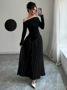 Rafferiza 女士斜肩褶皱紧身胸衣拼接褶皱下摆优雅连衣裙长款女装