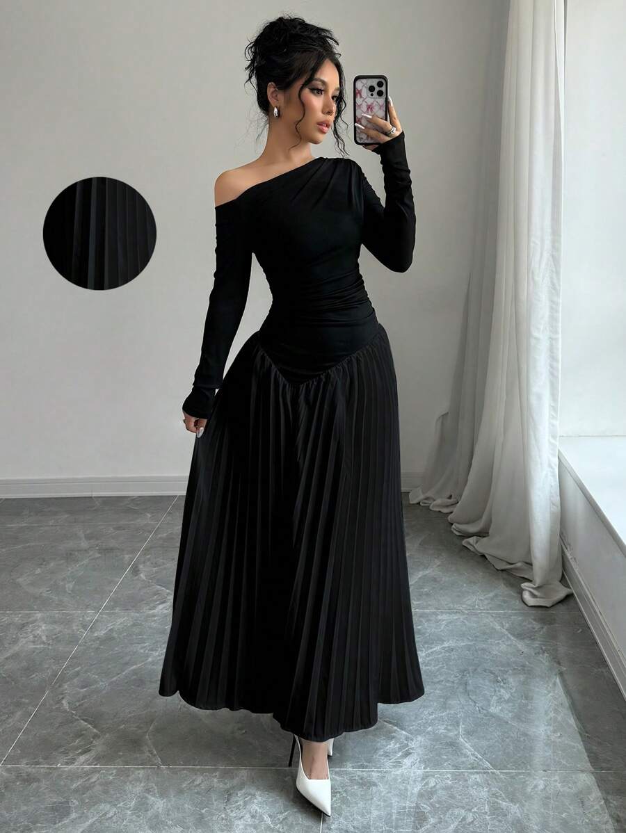 Rafferiza 女士斜肩褶皱紧身胸衣拼接褶皱下摆优雅连衣裙长款女装