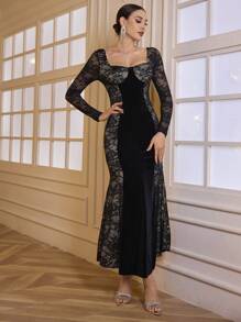 SHEIN Belle Vestido largo de encaje vintage ajustado a la cintura, elegante y delgado, adecuado para otoño e invierno, vestido formal de noche de manga larga en color negro para evento de graduación, cena o como invitada de boda