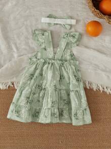 SHEIN Baby Girl Floral Ruffle Hem Cami Dress With Headband - Mint Green - View 8