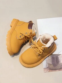 Giày bốt ngắn lót lông ấm áp mới cho trẻ mới biết đi Giày bốt cho bé trai bé gái Giày bốt đế bằng chống trượt đi xe máy cho mùa thu đông - Màu vàng - Xem 3