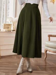 Modelyn 女士休闲纯色双口袋喇叭裙，秋季 - 軍綠色 - 查看 3