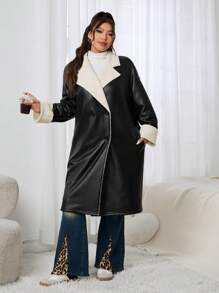 SHEIN EZwear Plus Size Casual Thermal Lined Shirt Collar Jacket, For Autumn/Winter