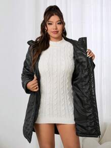 SHEIN EZwear Chaqueta acolchada negra gruesa para invierno de talla grande para mujeres