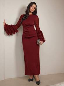 Veilorie Vestido elegante y recatado de unicolor para mujer con cuello redondo, mangas abombadas y bajo en forma de cola de pez