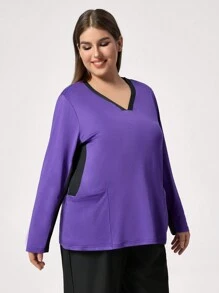 TaskEZ 1pc Plus Size Color Block Trim V-Neck Pocket Long Sleeve Nursing Top Scrub Uniform Top