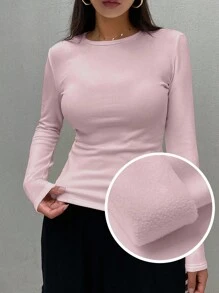 DAZY Women Solid Color Round Neck Long Sleeve Casual T-Shirt,Fall Clothes,Fleece Lined