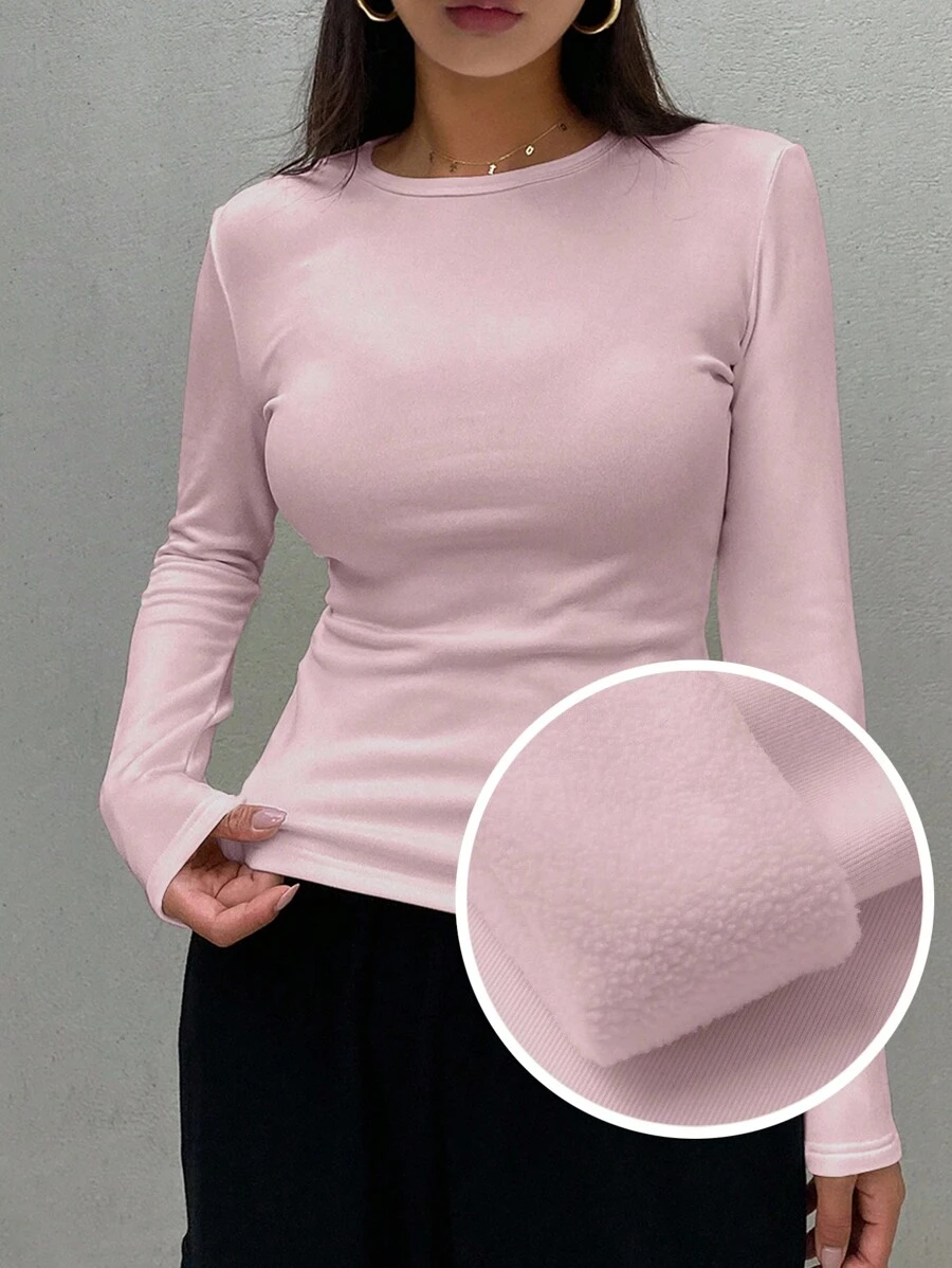 DAZY Women Solid Color Round Neck Long Sleeve Casual T-Shirt,Fall Clothes,Fleece Lined