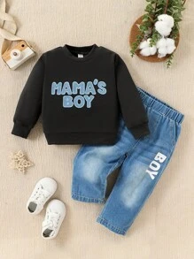 2 件套男童/女童套装，英文印花圆领休闲长袖上衣搭配英文字母印花时尚长牛仔裤，适合居家、露营和派对，秋季 - 深灰色 - 查看 1