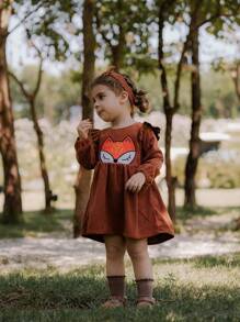 SHEIN Baby Mädchen Kleid mit Cartoon Muster, Herbst/Winter - Kaffeebraun - Übersicht 4