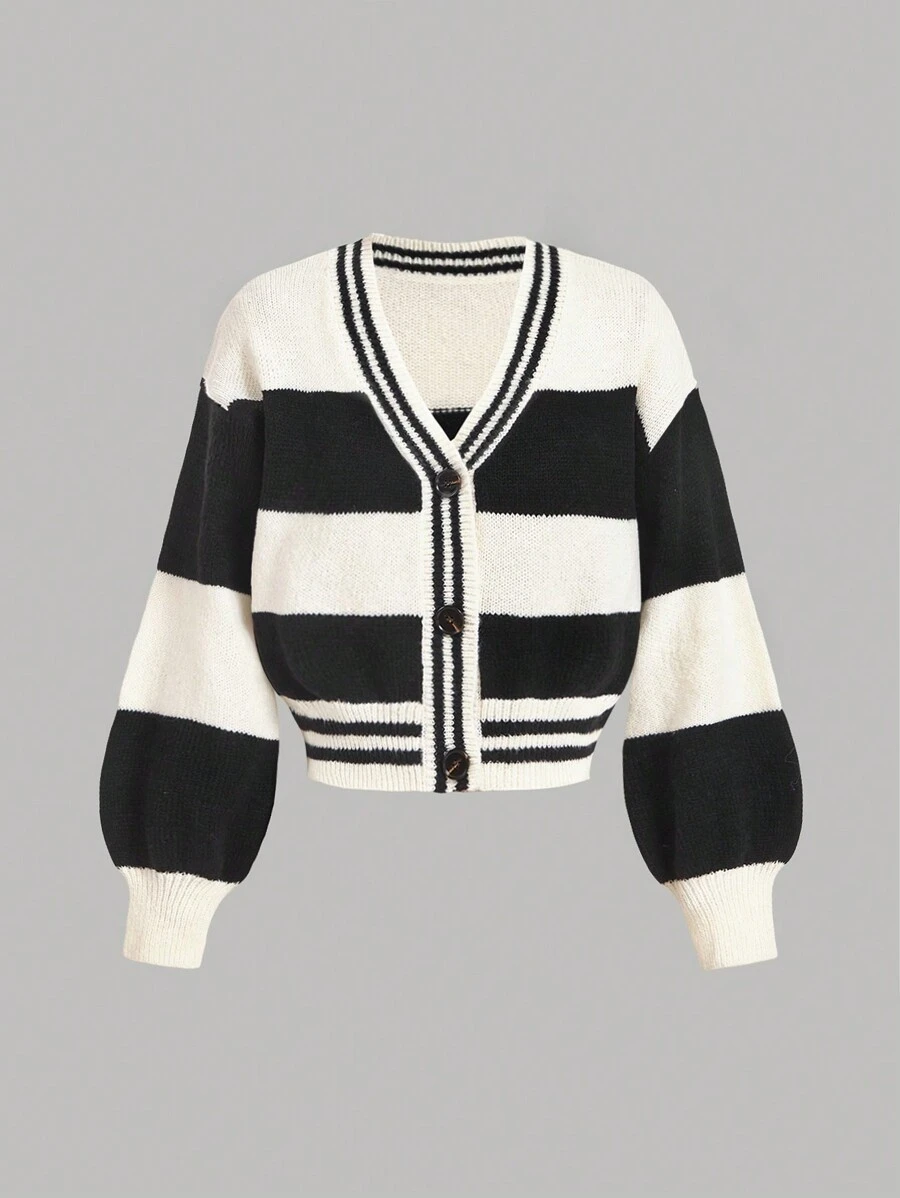 SHEIN MOD Áo len cardigan sọc đen trắng dài tay cổ chữ V cài nút, áo len lễ hội, áo len cardigan nữ, áo len sọc, áo len năm mới xấu xí, váy mùa đông cho nữ - Đen và trắng - Xem 1