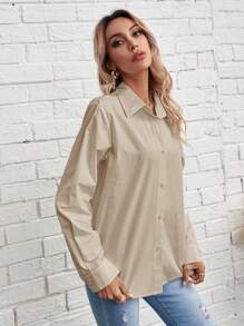 SHEIN Frenchy 女士休闲纯色长袖宽松衬衫，百搭日常穿着，春秋季 - 杏色 - 查看 5