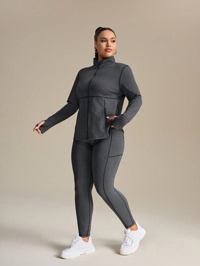 SHEIN Rhythm Era Women Plus Size Casual Striped Zip Up Stand Collar Jacket And Leggings Set, Autumn Gym Set Workout Women Set