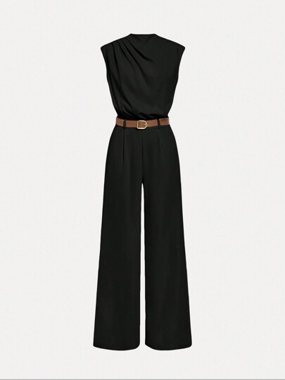 SHEIN MOD HIGH NECK SOLID POCKET JUMPSUIT WITH BELT